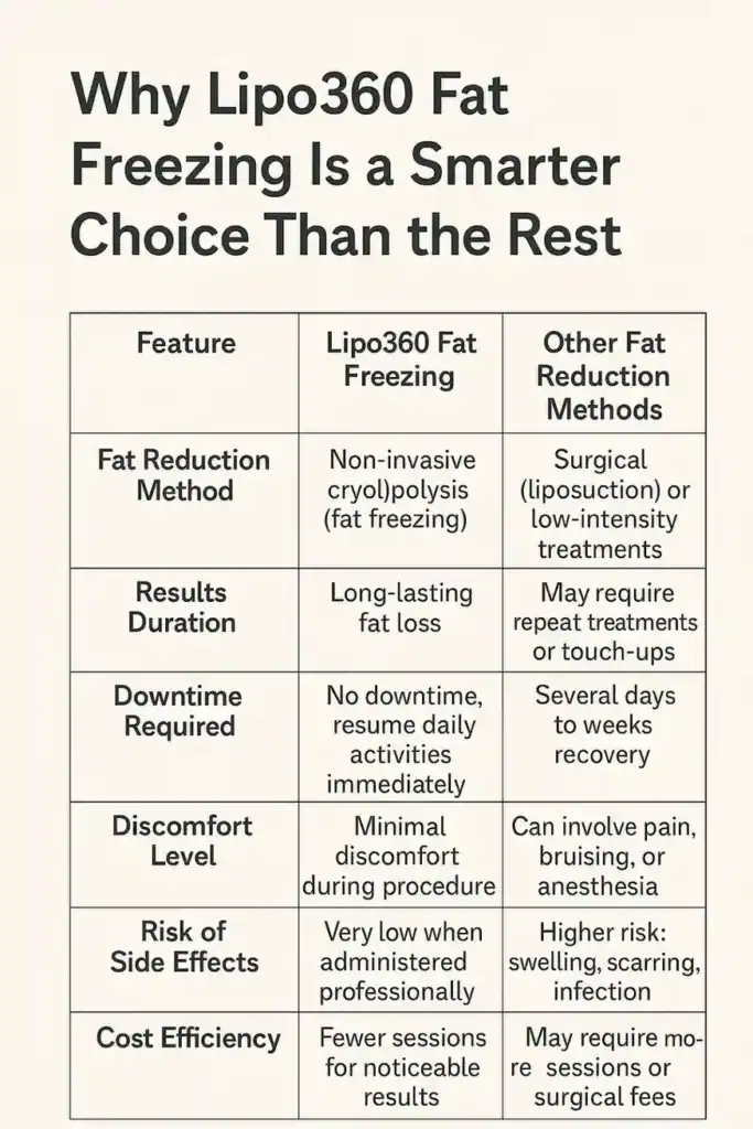 Is it possible to permanently freeze fat cells? 2 Table showing benefits of fat freezing to remove fat cells West Sussex from Lipo 360